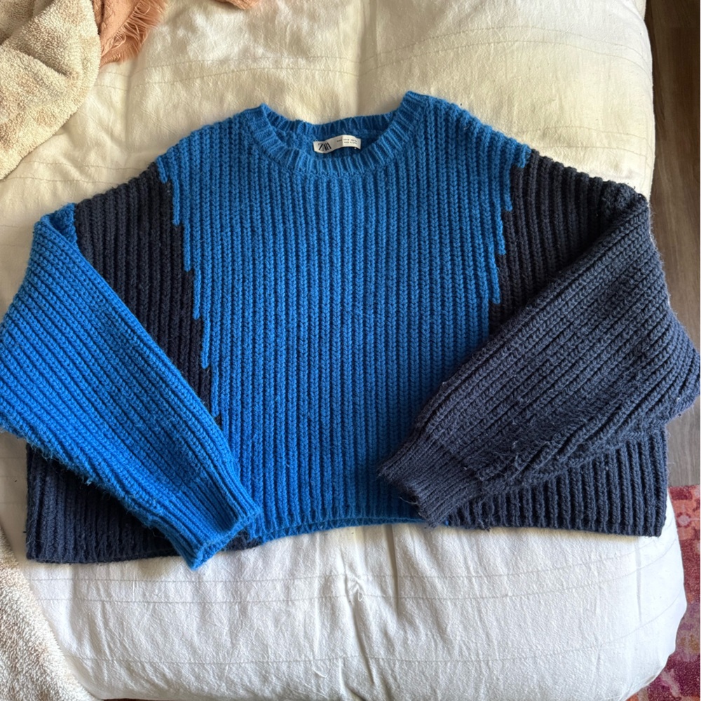 Zara Blue and Black Crew Neck Sweater